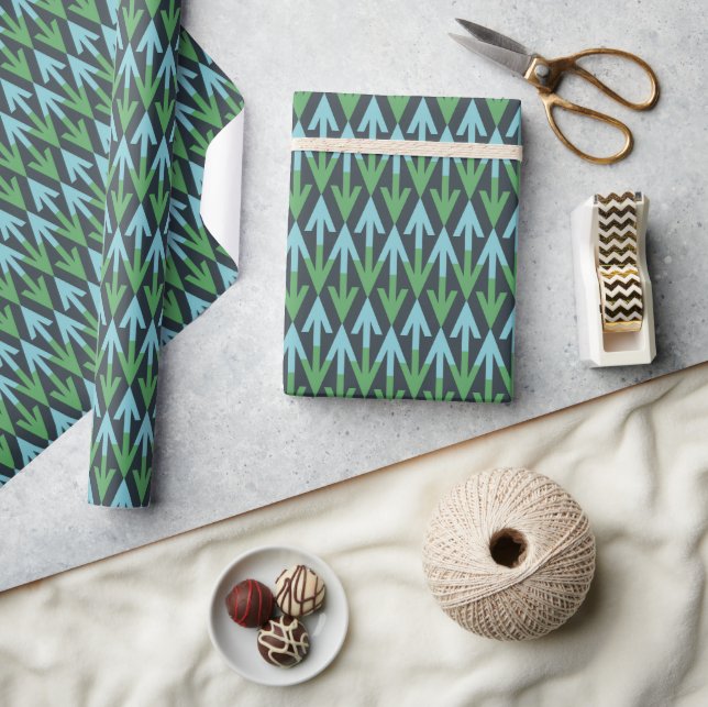 Blue and Green Modern Geometric Arrow Rows Wrapping Paper (Crafts)
