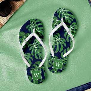 Blue and Green Monogrammed Monstera Leaves Flip Flops
