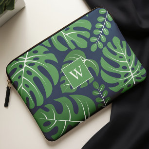 Blue and Green Monogrammed Monstera Leaves Laptop Sleeve