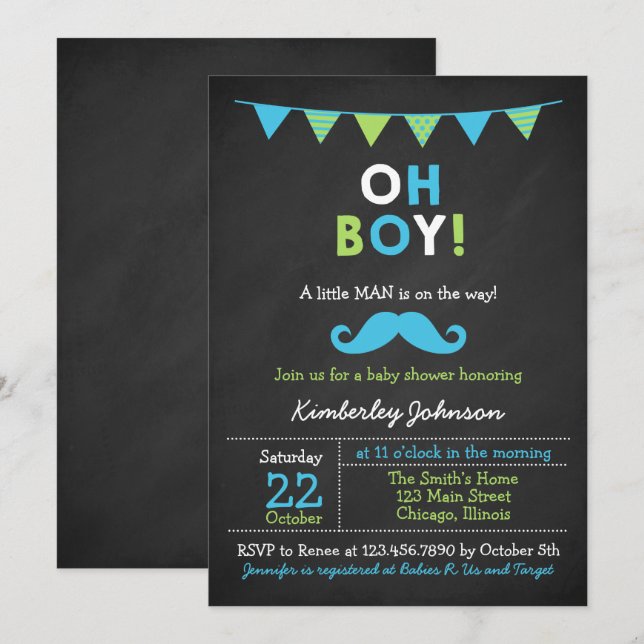 Blue and Green Moustache Baby Shower Invitation (Front/Back)
