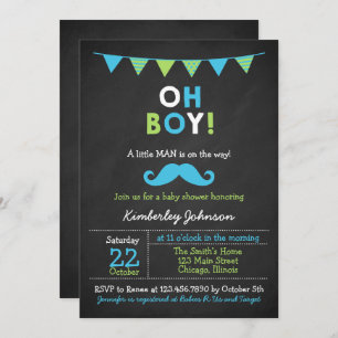 Blue and Green Moustache Baby Shower Invitation