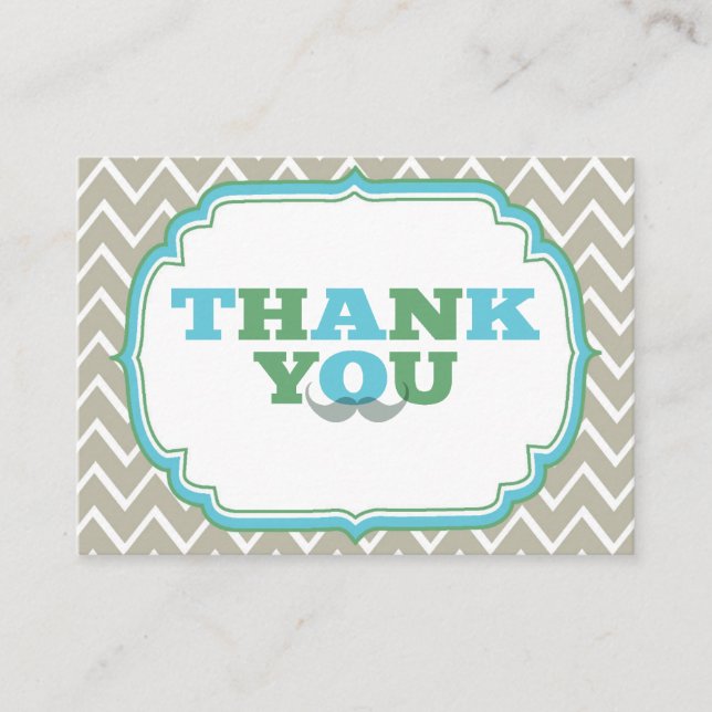 Blue and Green Moustache Baby Shower Thank You Enclosure Card (Front)