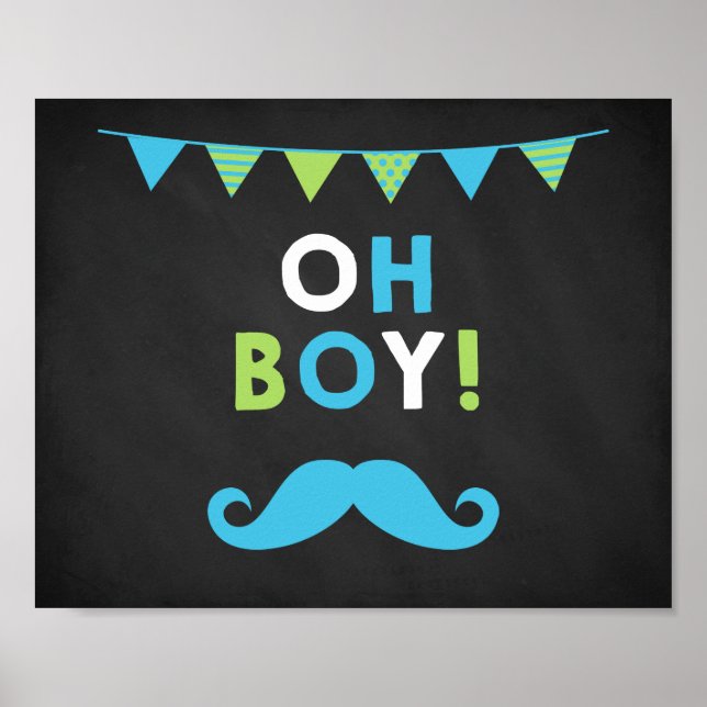 Blue and Green Moustache Chalkboard Baby Shower Poster (Front)