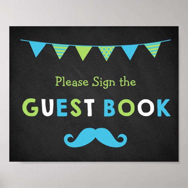 Blue and Green Moustache Chalkboard Guest Book (Front)