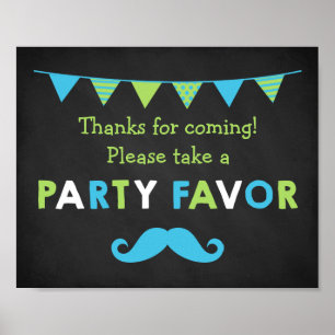 Blue and Green Moustache Chalkboard Party Favour Poster