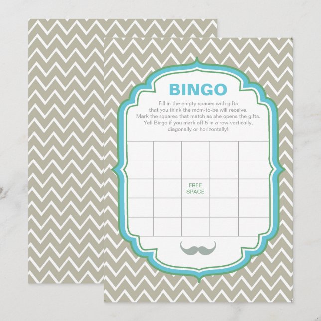 Blue and Green Mustach Baby Shower Bingo Game Card (Front/Back)
