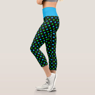 Blue and Green On Black Polka Dots Pattern Capri Leggings