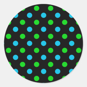 Blue and Green On Black Polka Dots Pattern Classic Round Sticker