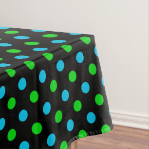 Blue and Green On Black Polka Dots Pattern Tablecloth