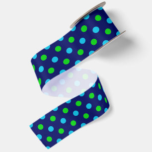 Blue and Green On Navy Blue Polka Dots Pattern Satin Ribbon