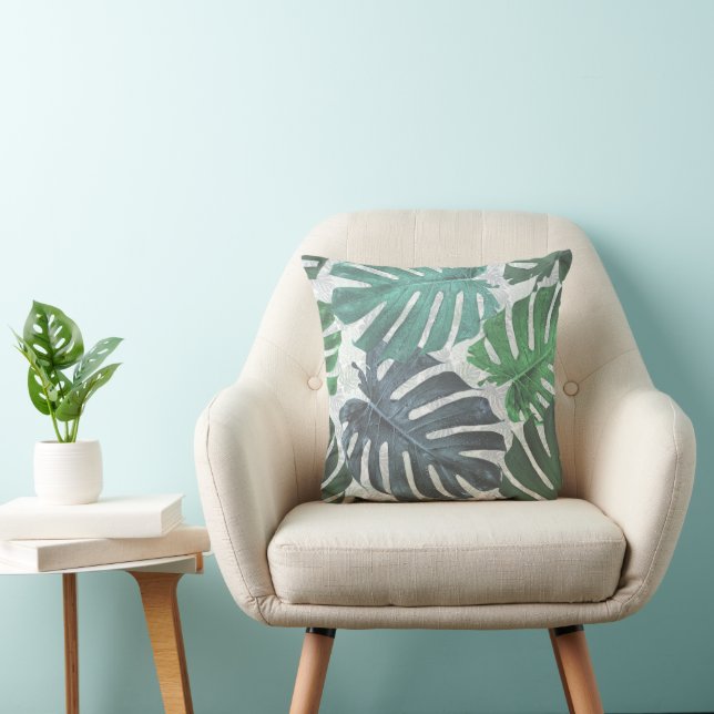 Blue and green palm tropical leaves cushion (Chair)