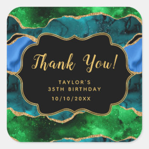 Blue and Green Peacock Agate Birthday Thank You Square Sticker