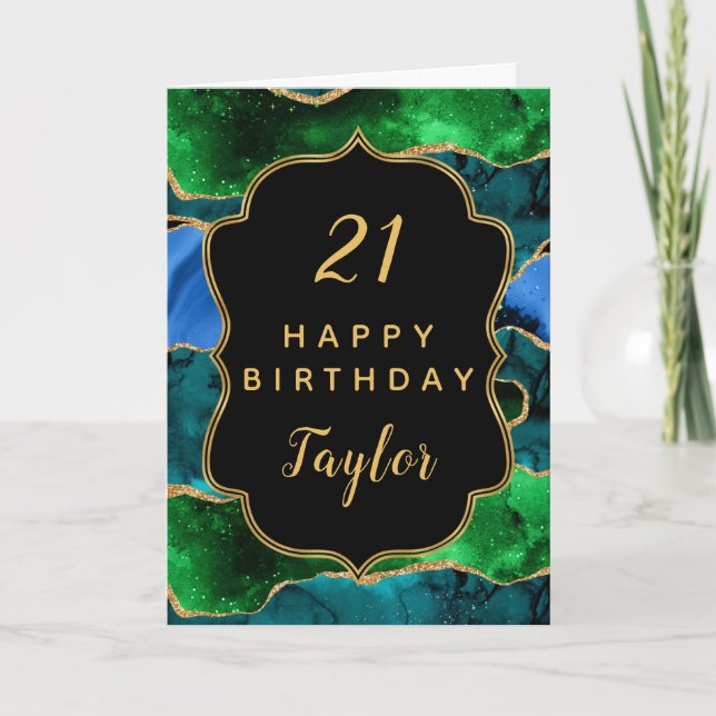 Blue and Green Peacock Agate Happy Birthday Card (Front)