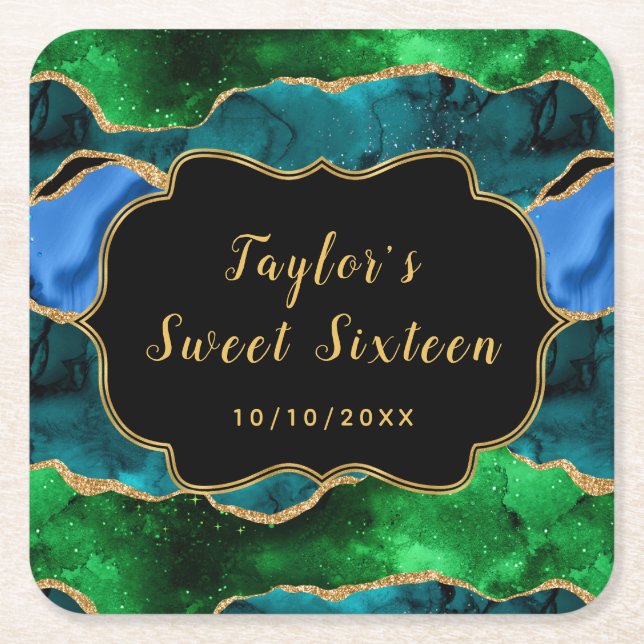Blue and Green Peacock Agate Sweet Sixteen Square Paper Coaster (Front)