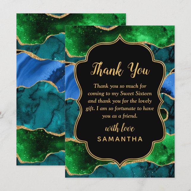 Blue and Green Peacock Agate Sweet Sixteen Thank You Card (Front/Back)