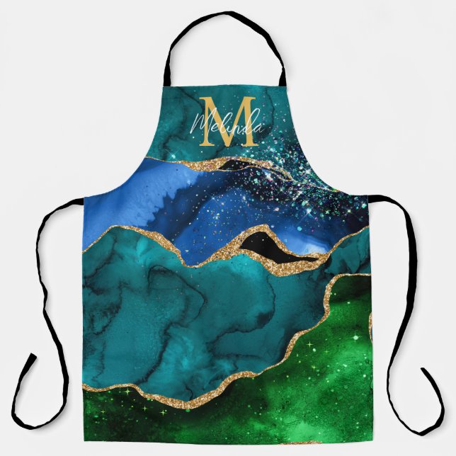 Blue and Green Peacock Faux Glitter Agate Apron (Front)