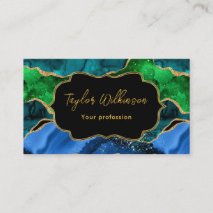 Blue and Green Peacock Faux Glitter Agate Business Card