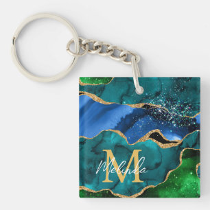 Blue and Green Peacock Faux Glitter Agate Key Ring