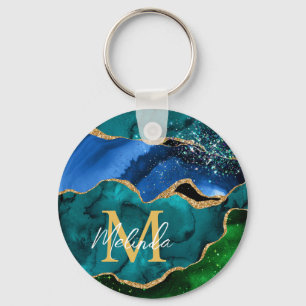 Blue and Green Peacock Faux Glitter Agate Key Ring