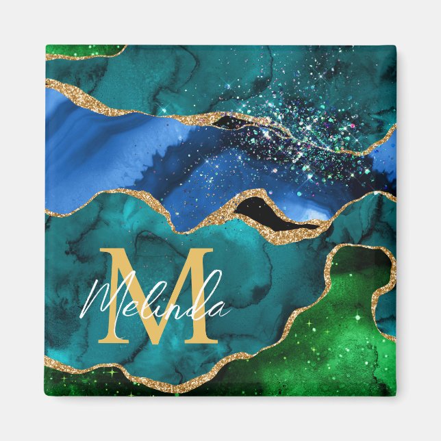 Blue and Green Peacock Faux Glitter Agate Magnet (Front)