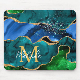 Blue and Green Peacock Faux Glitter Agate Mouse Mat