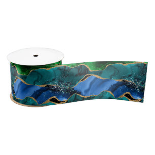 Blue and Green Peacock Faux Glitter Agate Satin Ribbon