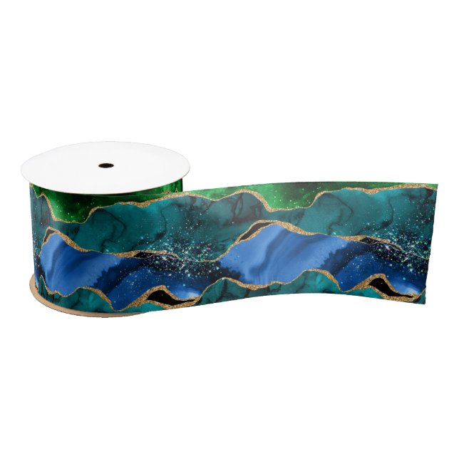 Blue and Green Peacock Faux Glitter Agate Satin Ribbon (Spool)