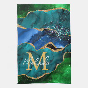 Blue and Green Peacock Faux Glitter Agate Tea Towel