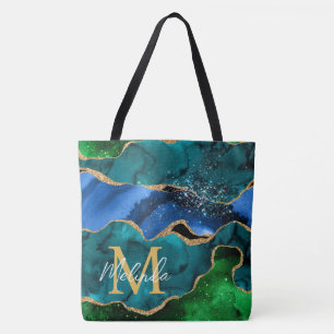 Blue and Green Peacock Faux Glitter Agate Tote Bag