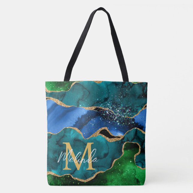 Blue and Green Peacock Faux Glitter Agate Tote Bag (Front)