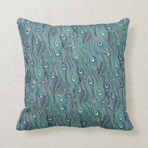 Blue and Green Peacock Feathers Pillow