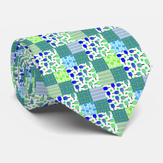 Blue and Green Pickleball Courts, Paddles, & Balls Tie (Rolled)