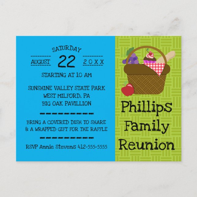 Blue and Green Picnic Basket Family Reunion Invitation Postcard (Front)