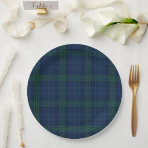 Blue and Green Plaid Preppy Posh Chic Baby Shower Paper Plate