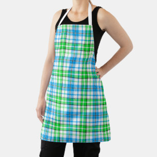 Blue and Green Plaid Tartan White Apron