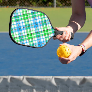 Blue and Green Plaid Tartan White Pickleball Paddle
