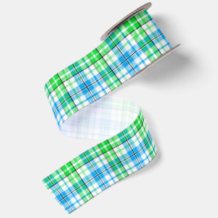 Blue and Green Plaid Tartan White  Satin Ribbon