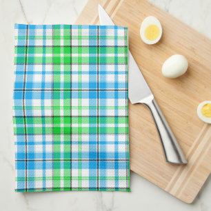 Blue and Green Plaid Tartan White Tea Towel