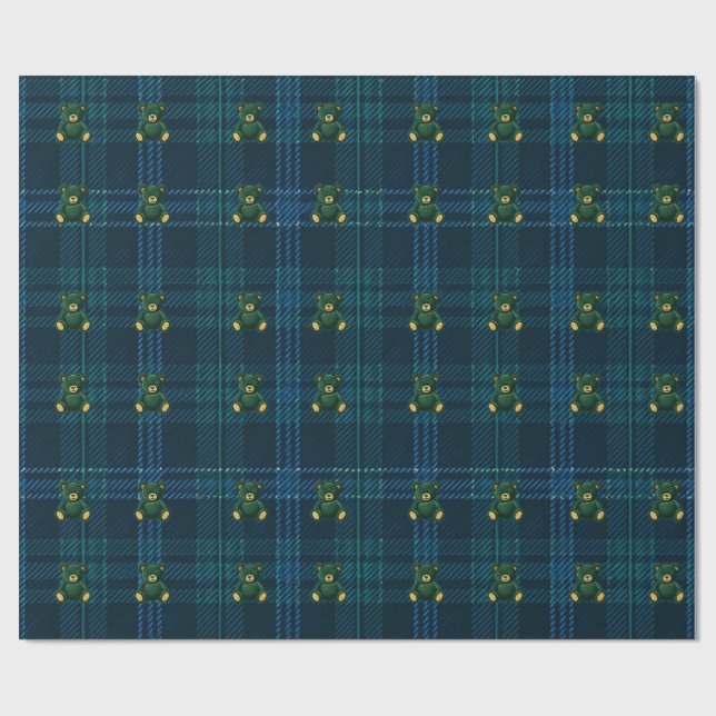 Blue and Green Plaid Teddy Bear Wrapping Paper (Flat)