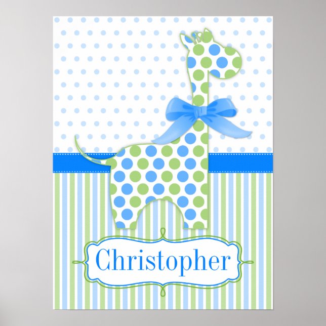Blue and Green Polka Dot Giraffe Nursery Poster (Front)