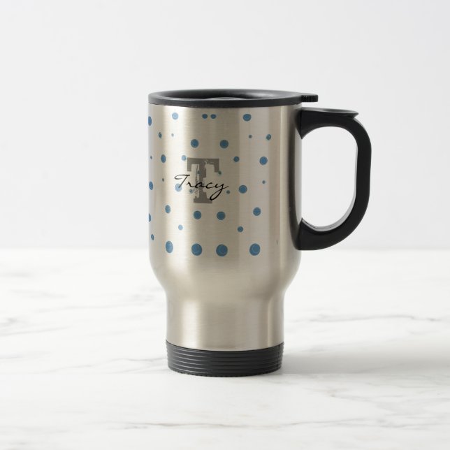 Blue and Green Polka Dots Personalised Travel Mug (Right)
