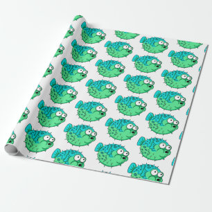 blue and green puffer fish with big eyes porcupine wrapping paper