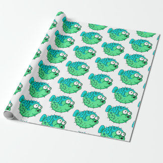 blue and green puffer fish with big eyes porcupine wrapping paper