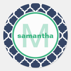 Blue and Green Quatrefoil Monogram Classic Round Sticker