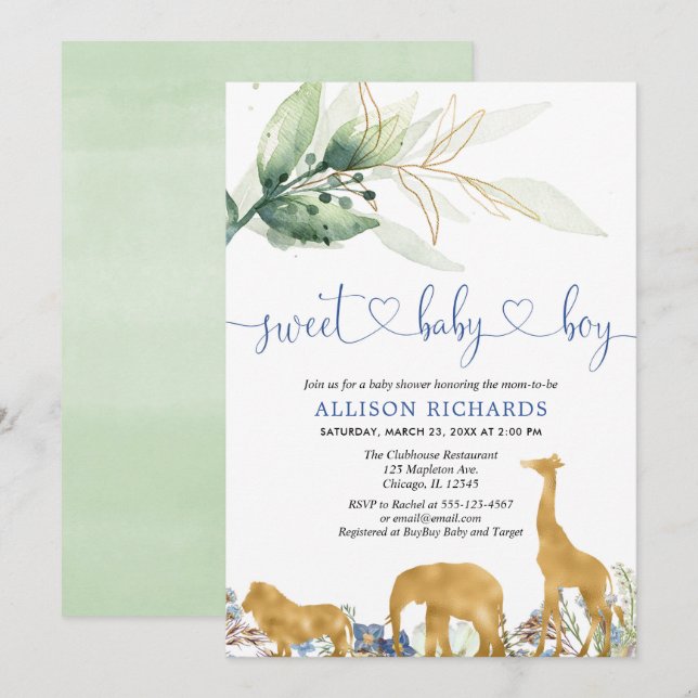 Blue and green safari jungle boy baby shower invitation (Front/Back)