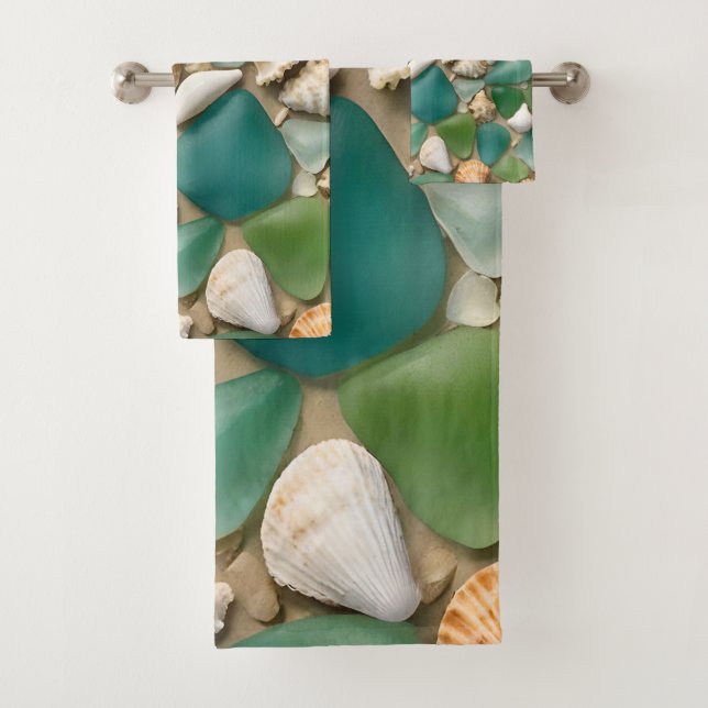 Blue and Green Sea Glass and Seashell Bath Towel Set (Insitu)