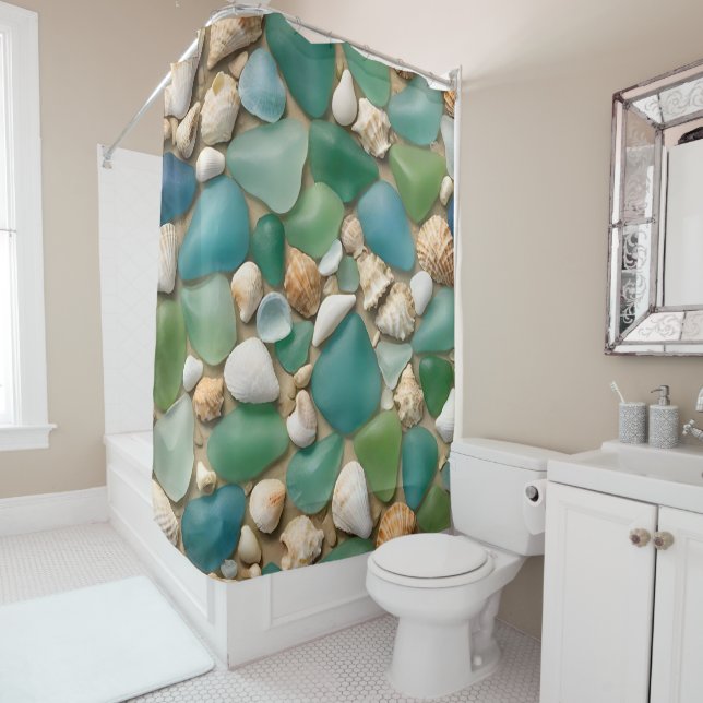 Blue and Green Sea Glass and Seashell  Shower Curtain (In Situ)
