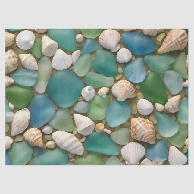 Blue and Green Sea Glass and Seashell Tissue Paper (Front)