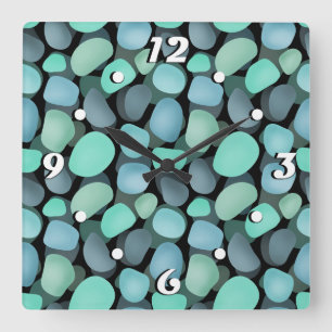 Blue and green sea pebbles square wall clock