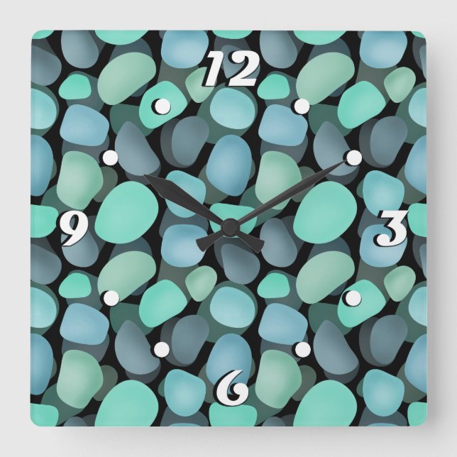 Blue and green sea pebbles square wall clock (Front)
